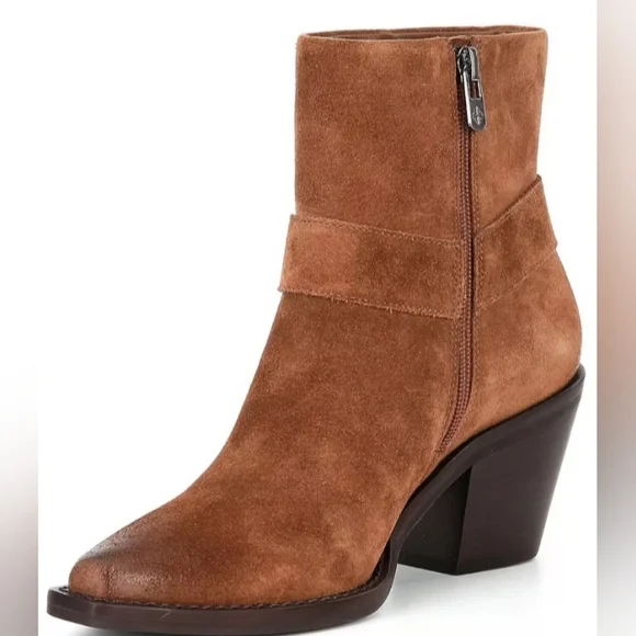 NEW Antonio Melani Tabbie Oiled Suede Mid Heeled Western Buckle Bootie Pecan Pie